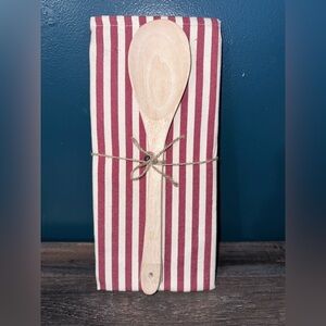 Elegant Red and White Striped Kitchen Towel with Wooden Spoon